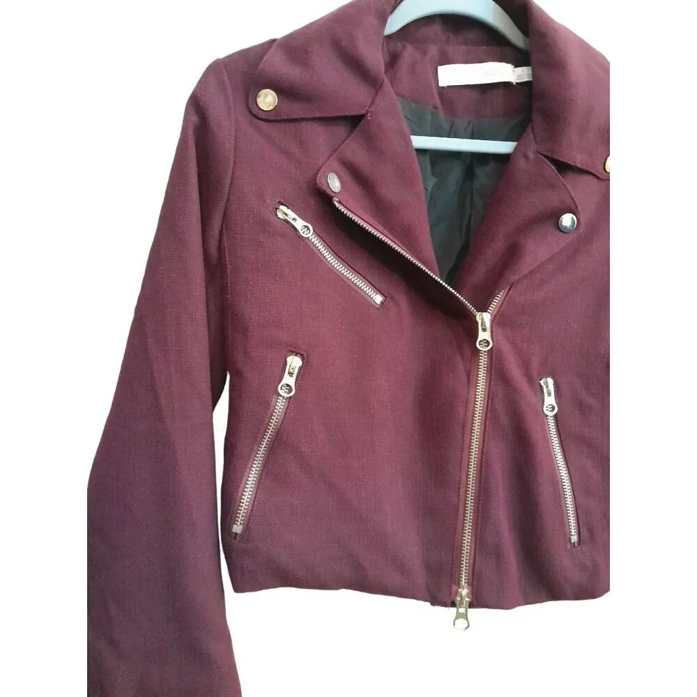 Womens Cropped Moto Streetwear Jacket Gold Zip Details Size Small Burgundy